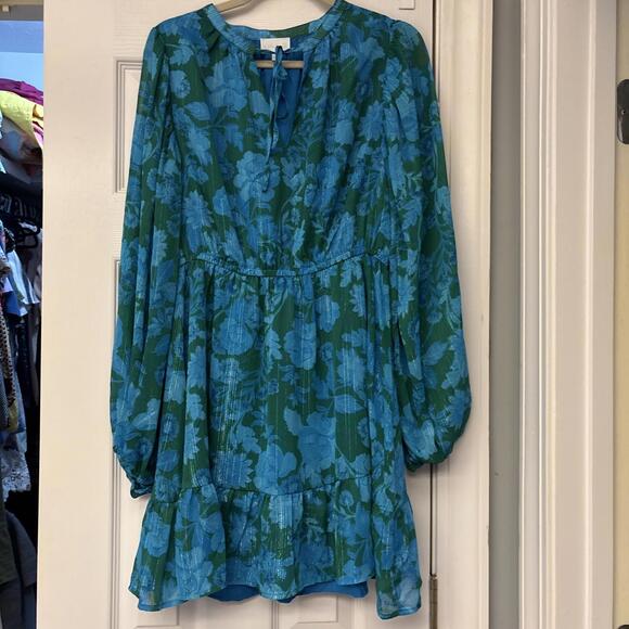 Sugar Lips Long Sleeve Teal & Green Chiffon Mini Dress. Ruffle. Bright. Large. - Picture 7 of 9